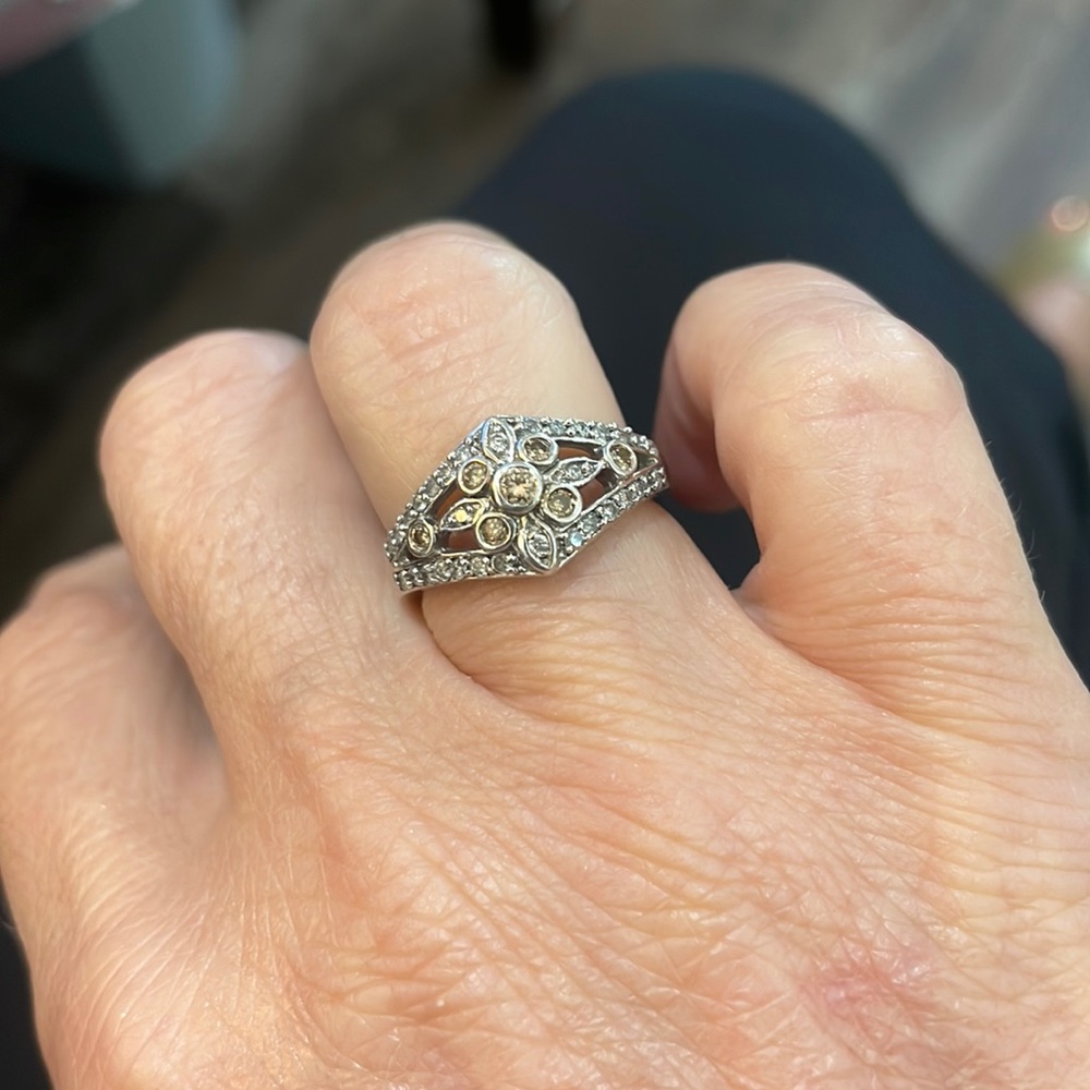 Sterling silver white and champagne diamond ring